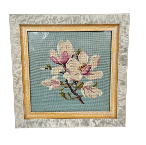 Vintage Handmade Framed Orchid Floral Bouquet Needle Point 16.75" x 16.75" - Picture 2 of 6